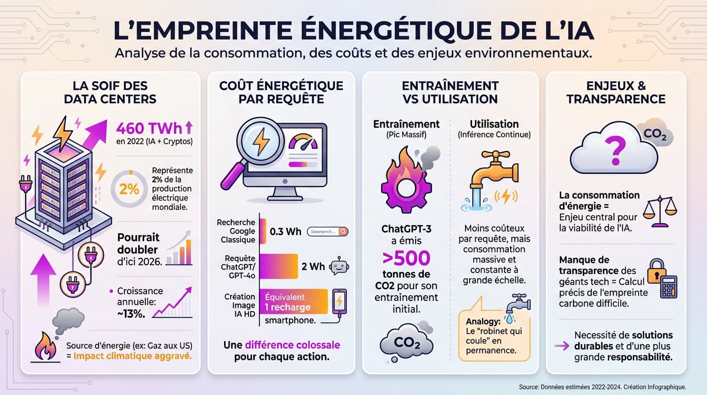 Graphique illustrant la consommation électrique massive des data centers et de l'intelligence artificielle