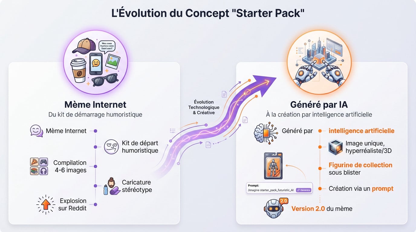 Comparaison entre le mème starter pack classique et la figurine générée par IA