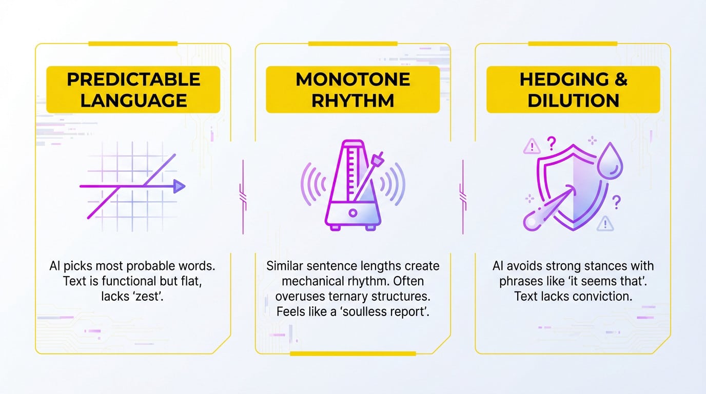 Visual analysis of linguistic patterns used to detect ai writing including rhythm and predictability markers