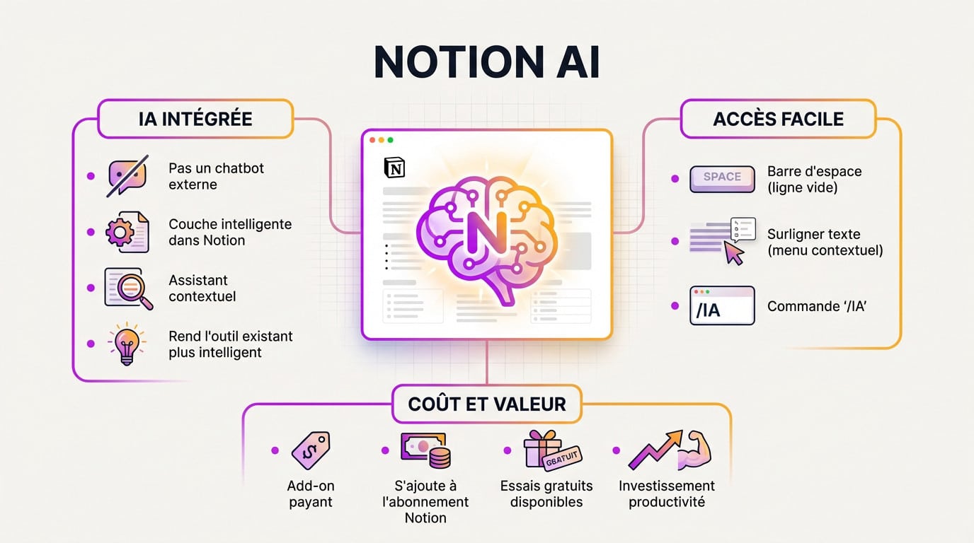 Interface de Notion AI illustrant les fonctionnalités de rédaction et les options d'accès via la barre d'espace
