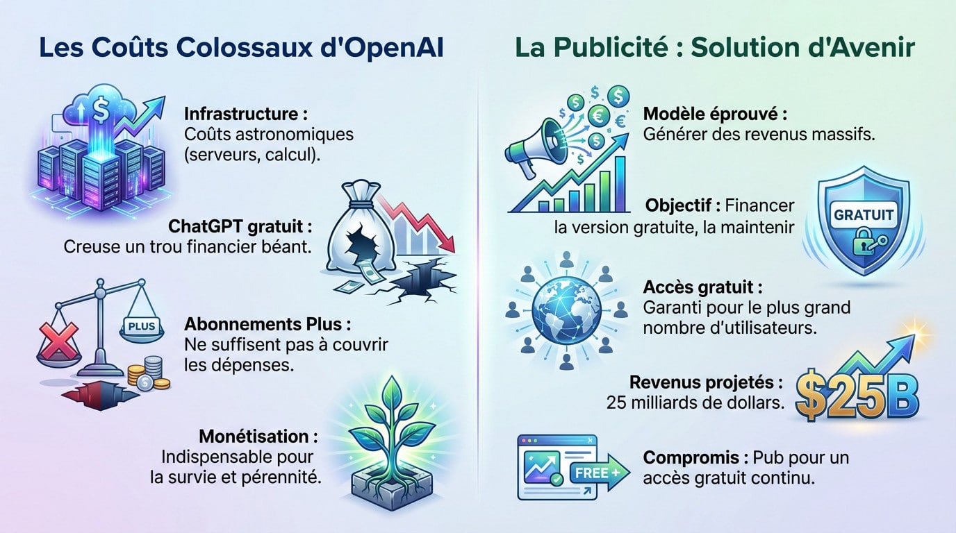Illustration des coûts d'infrastructure élevés d'OpenAI face à la solution publicitaire