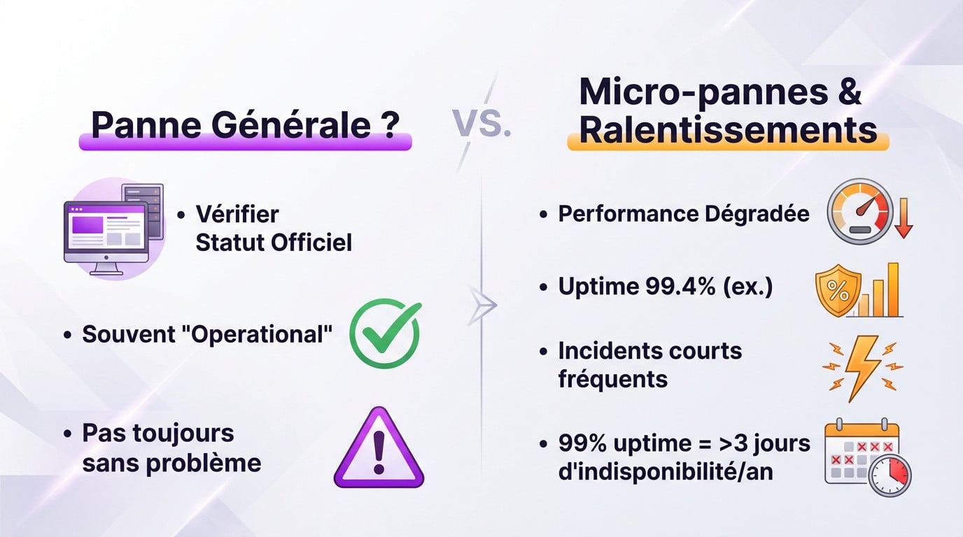 Graphique comparant une panne générale de Character AI aux micro-pannes fréquentes et ralentissements invisibles sur le statut officiel