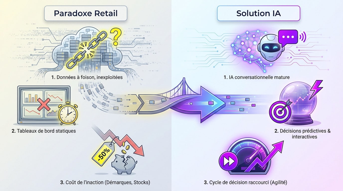 Illustration du paradoxe retail montrant la surcharge de données face à la lenteur décisionnelle
