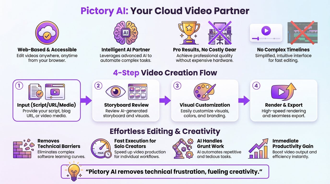 Pictory AI cloud-based video editing interface showing text-to-video features