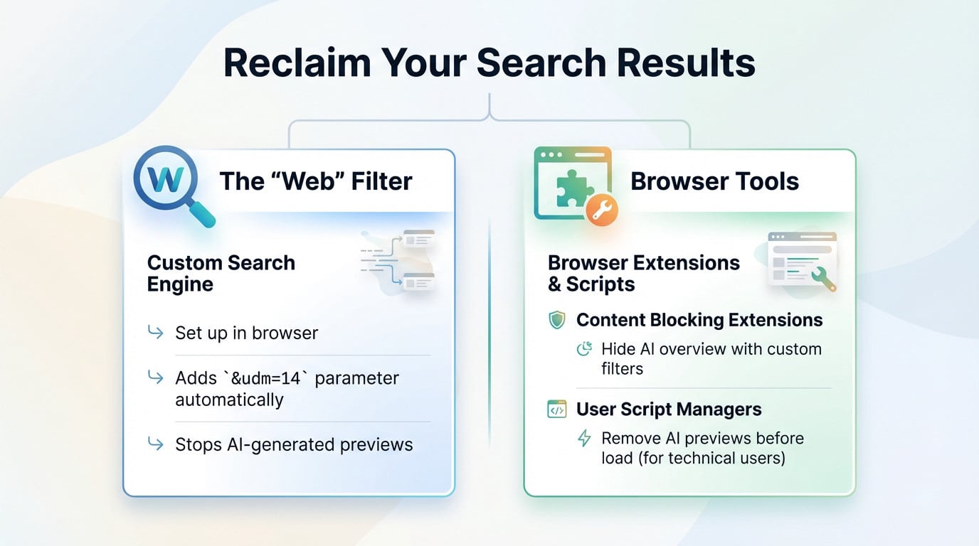 Person adjusting browser settings to disable Google AI previews on a laptop