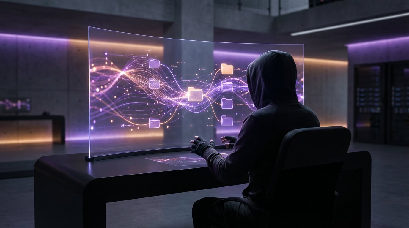 Person in hoodie interacts with a glowing purple and orange futuristic transparent screen displaying interconnected data in a modern office.