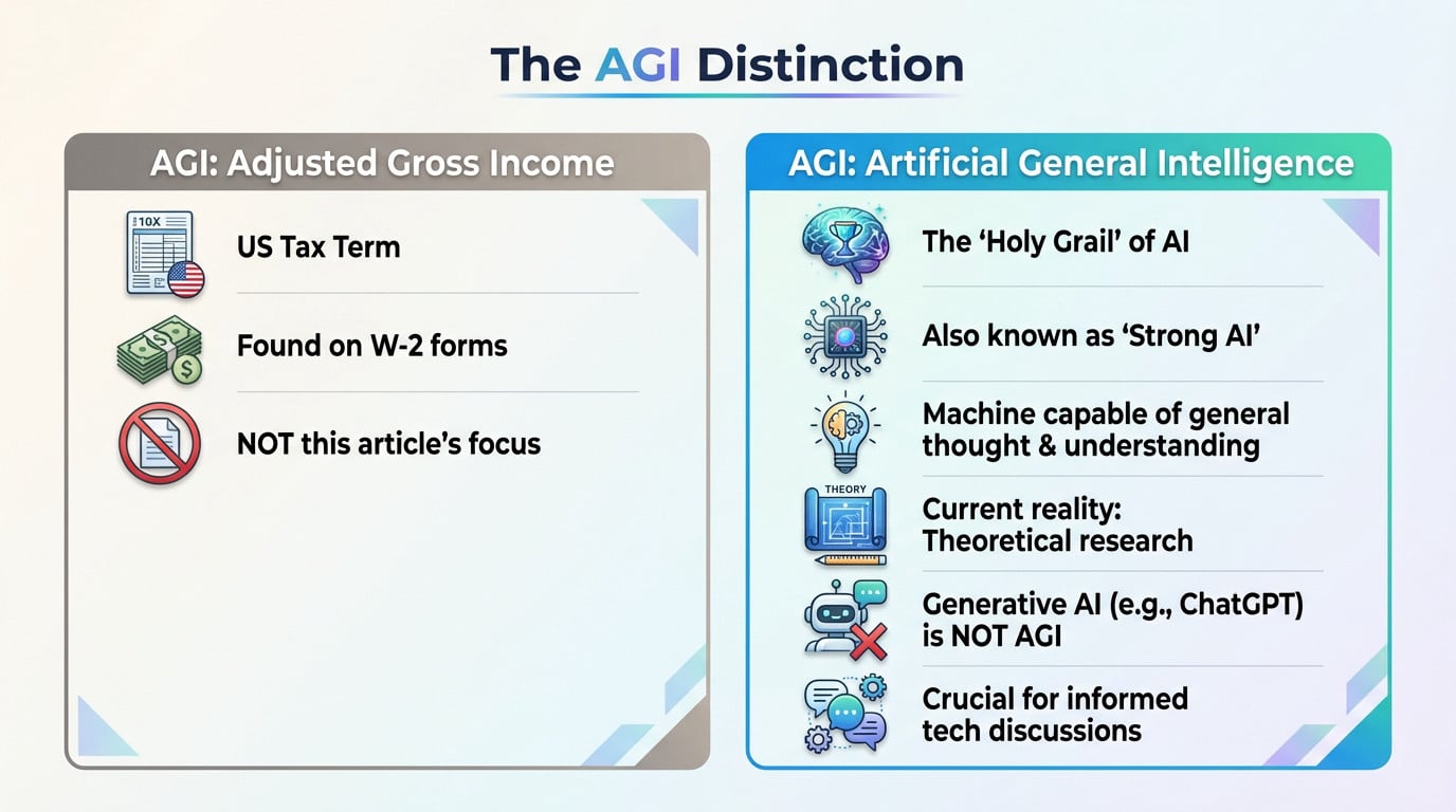 Visual comparison showing the difference between Adjusted Gross Income tax forms and <strong>Artificial General Intelligence</strong> brain concept