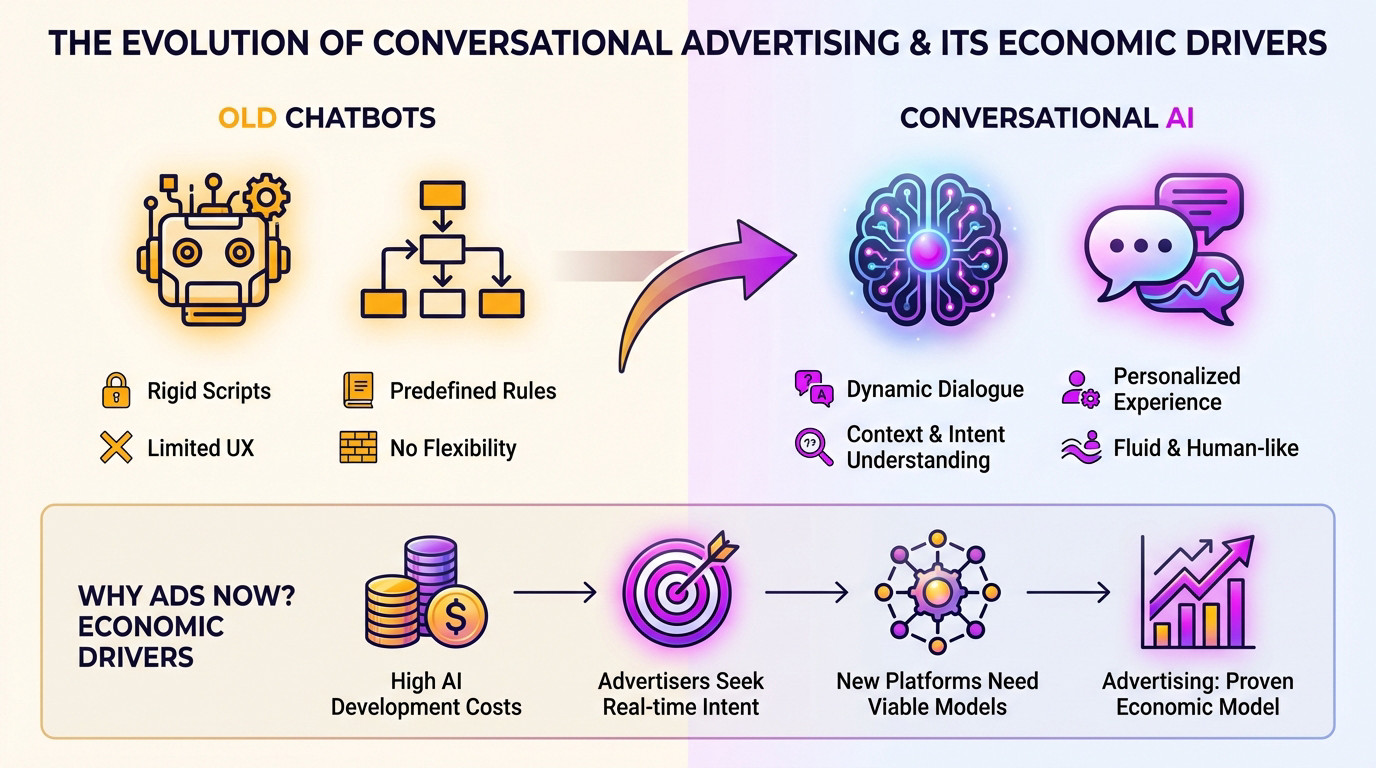 Evolution of conversational advertising drivers and AI chatbot integration
