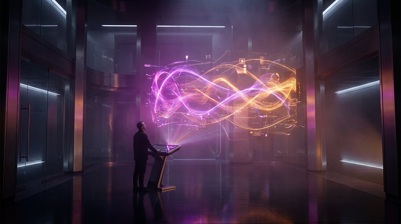 Figure observes a large, glowing holographic AI interface with swirling magenta-purple and amber-orange data patterns in a dark, futuristic room.