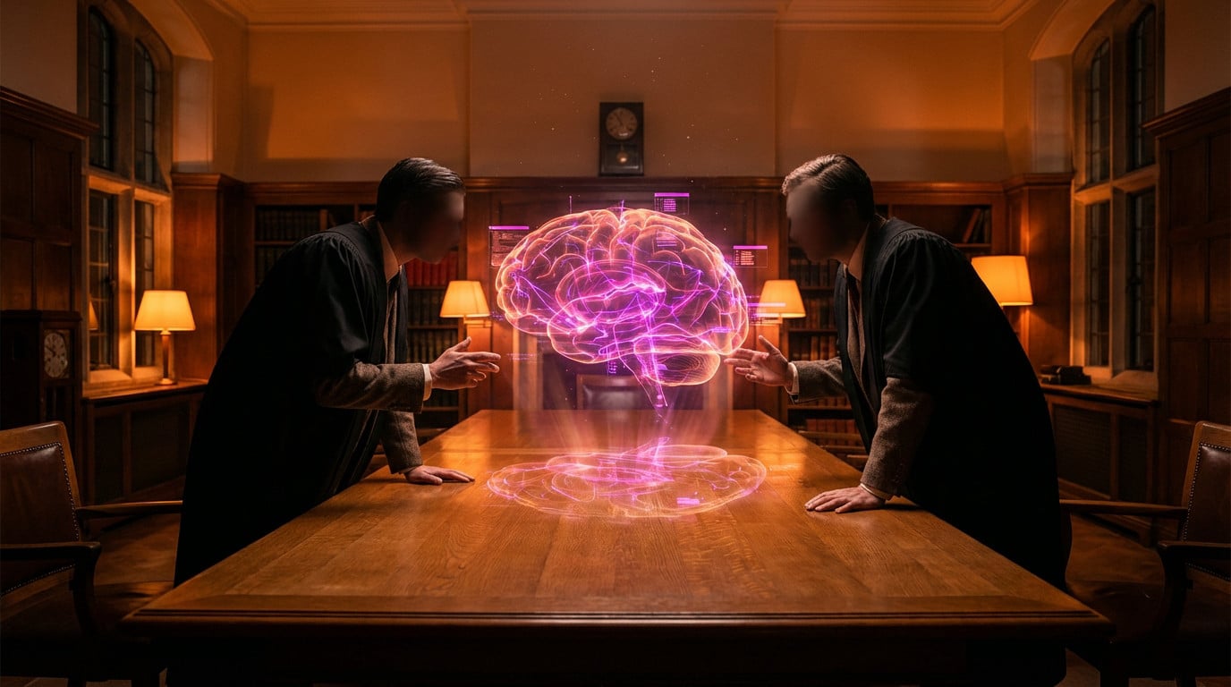Two figures in 1950s academic attire lean over a wooden table, contemplating a glowing magenta neural network, symbolizing AI's genesis.