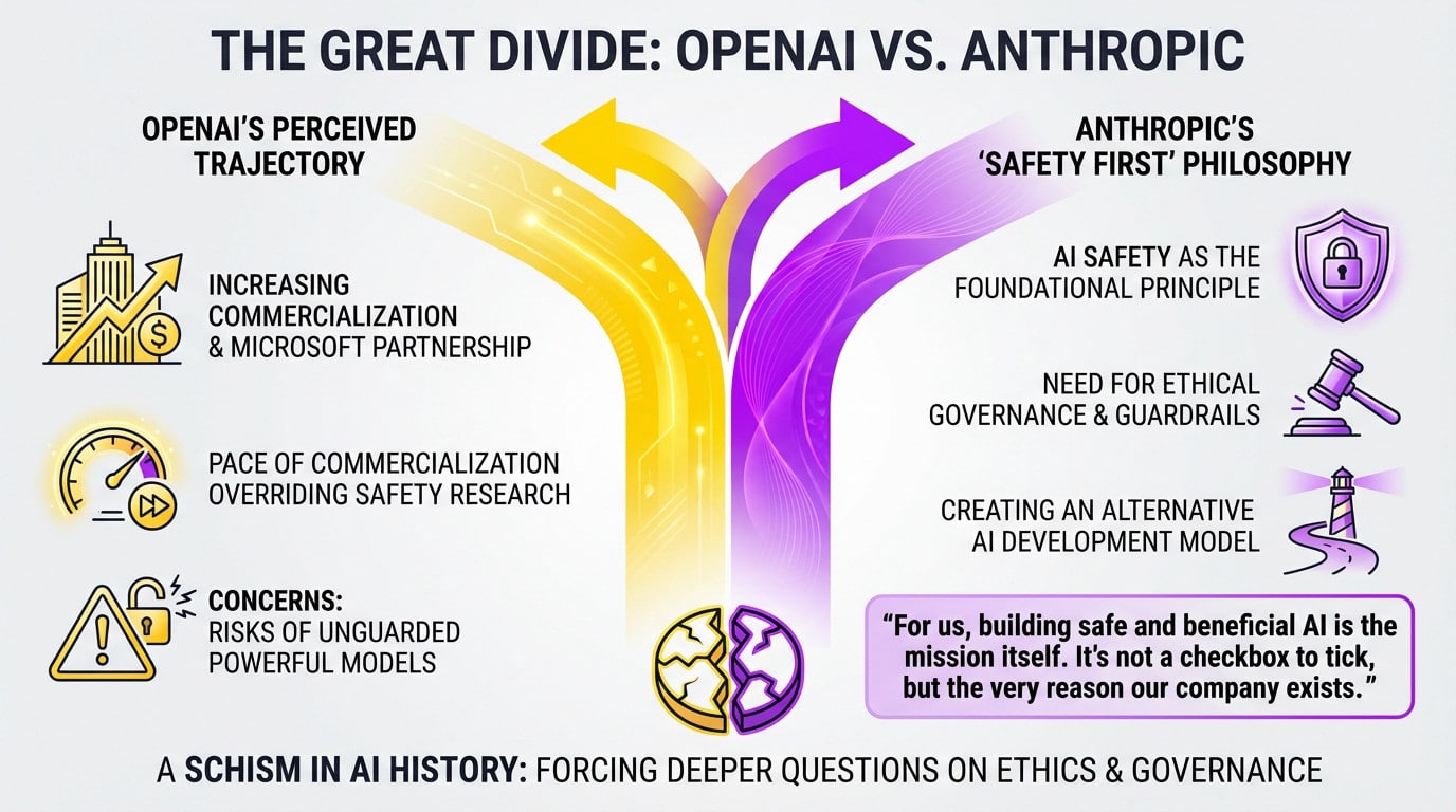 Ilustración que muestra la divergencia estratégica entre OpenAI y Anthropic respecto a la seguridad y gobernanza de la IA