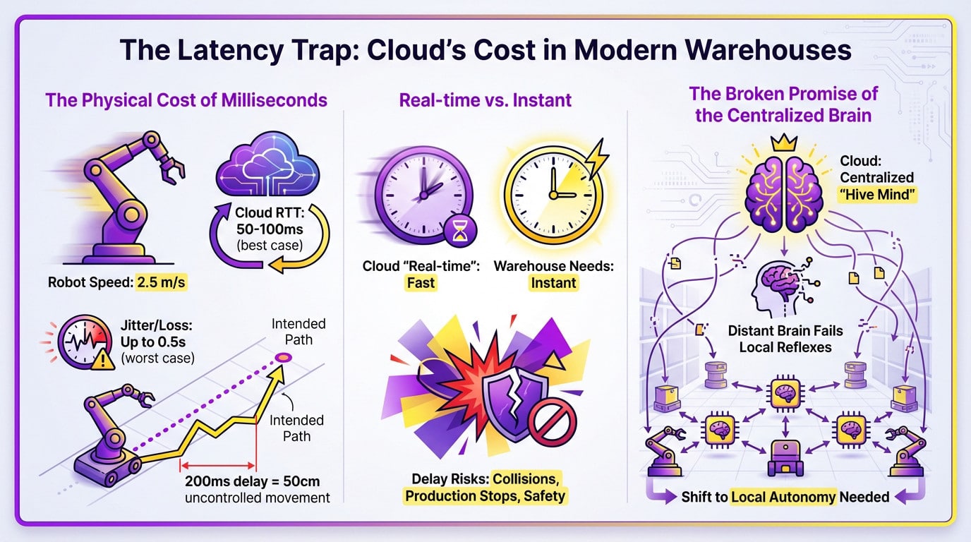 Robot en un almacén inteligente que se enfrenta a una colisión debido al retraso de latencia de la nube