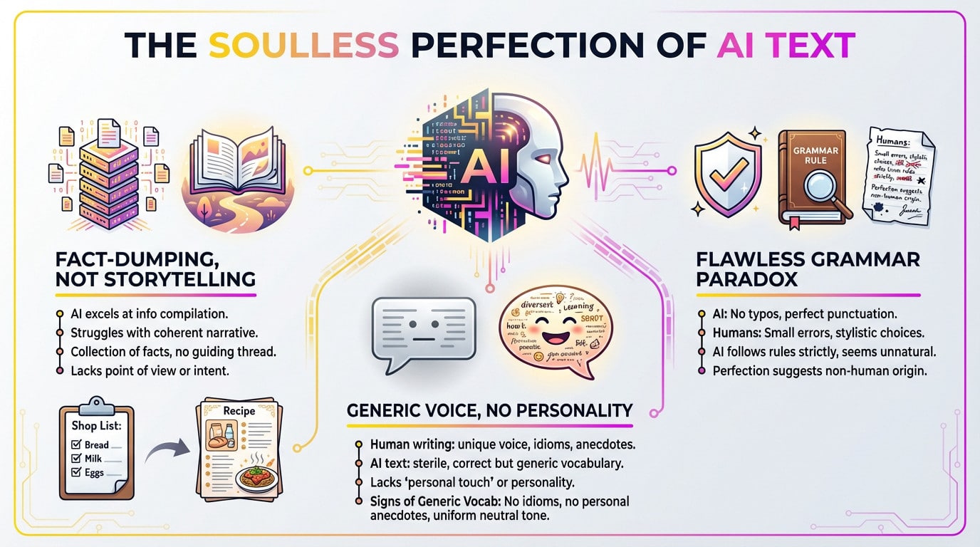 Infographic comparing the soulless perfection of AI text versus human writing quirks