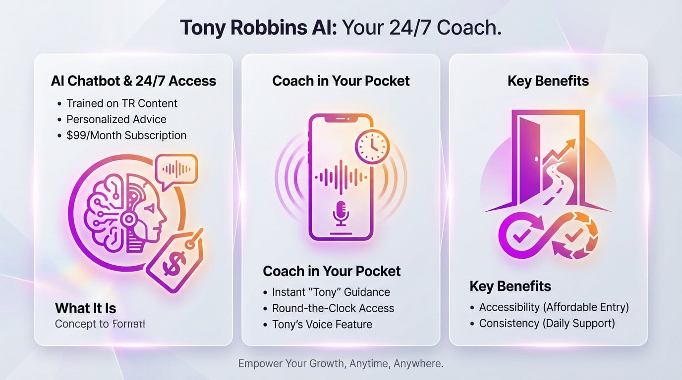 Infographic detailing features of the Tony Robbins AI coach app