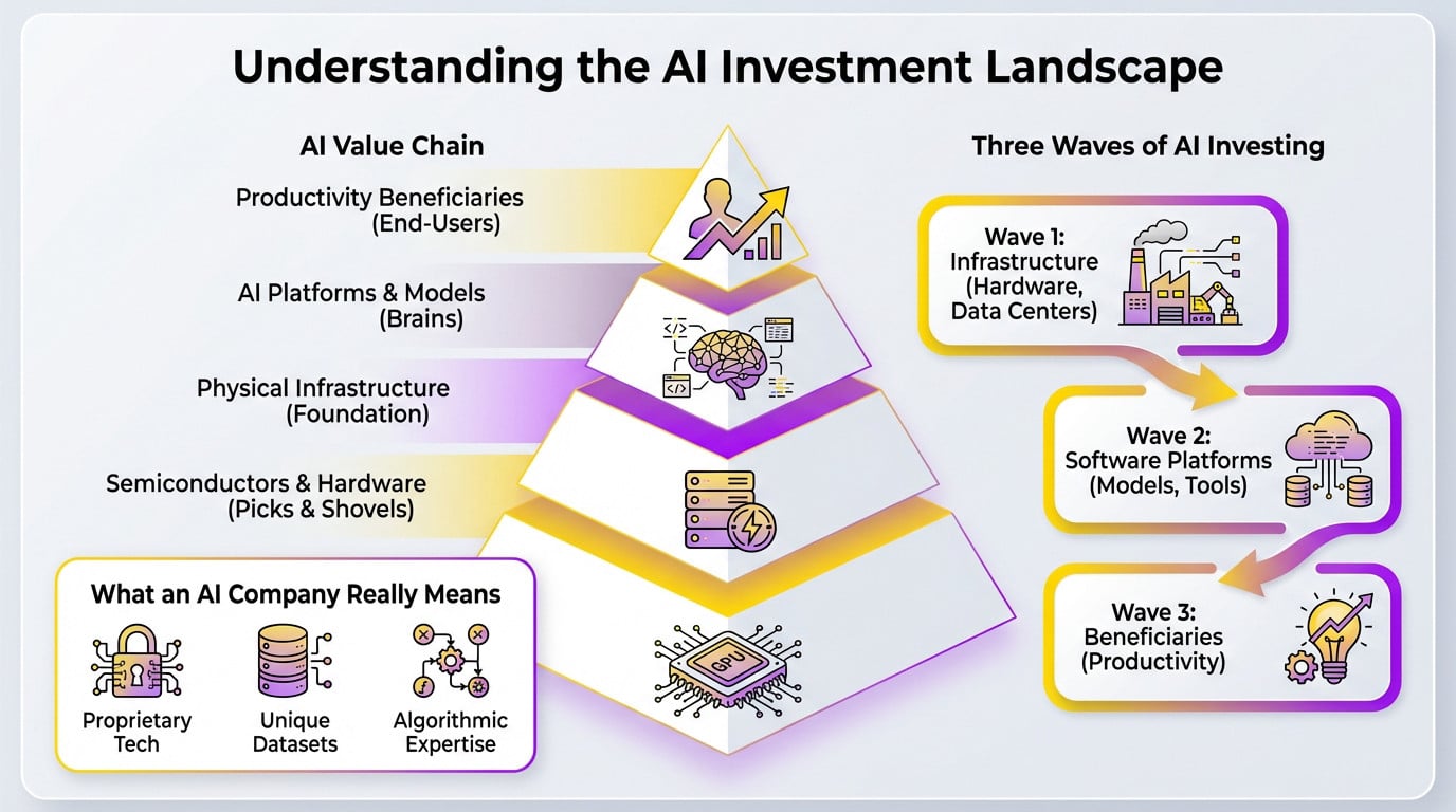 Ilustración del ecosistema de inversión en IA mostrando las capas de hardware, infraestructura y software