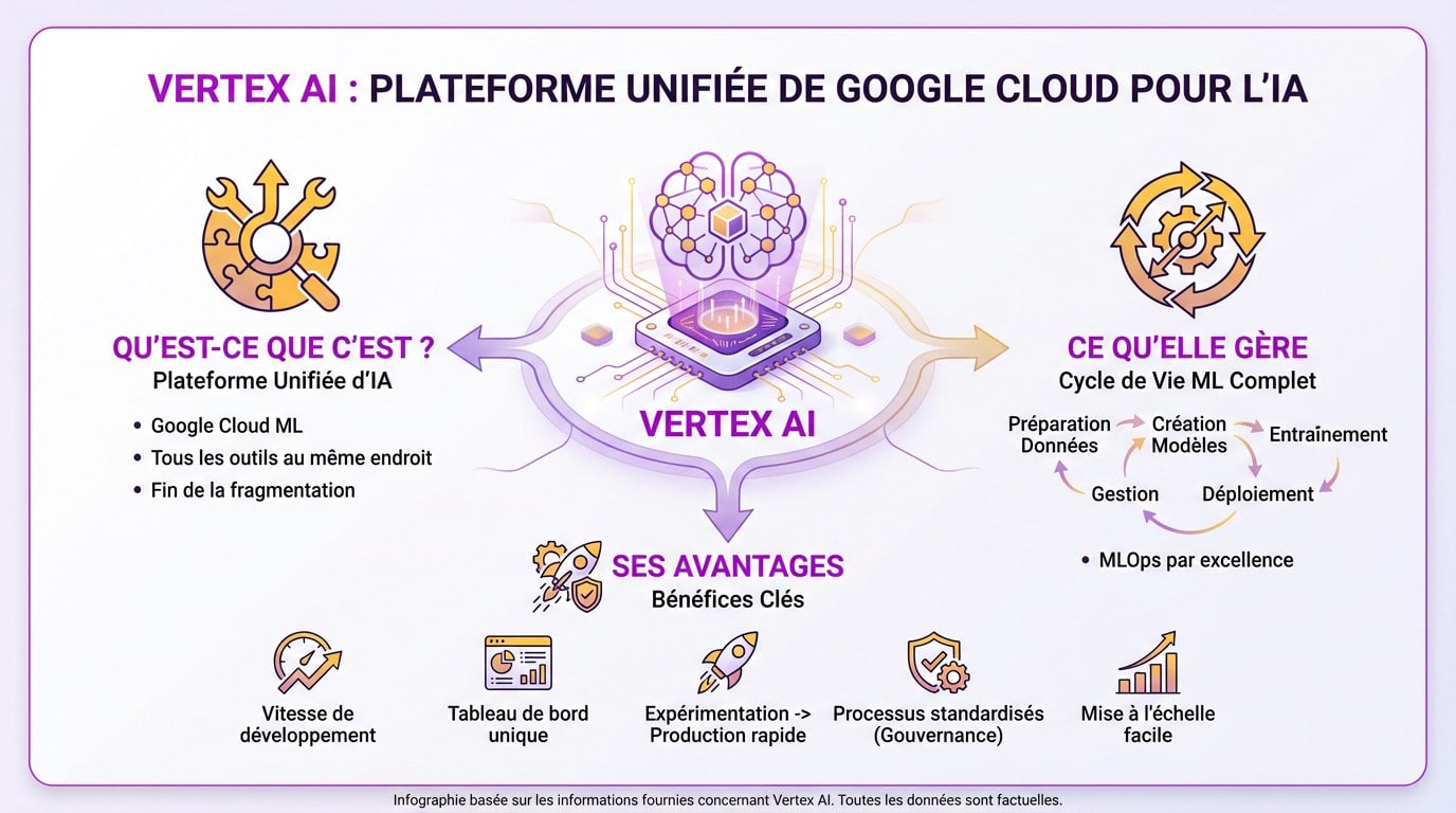 Interface de Vertex AI montrant la plateforme unifiée de Google Cloud pour gérer le cycle de vie de l'IA