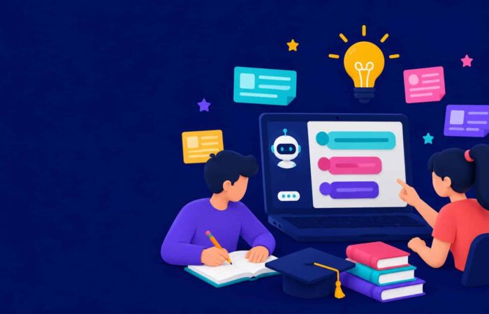Students studying with AI: a laptop, chat bubbles, a light bulb, books and a graduation cap