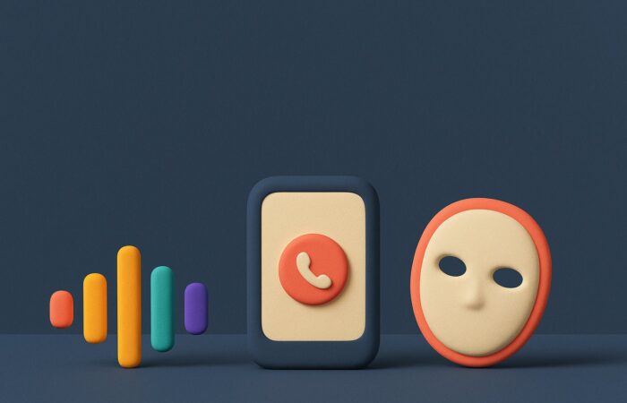 3D illustration of a smartphone showing an incoming call, a colorful sound wave and a neutral mask on a midnight blue background