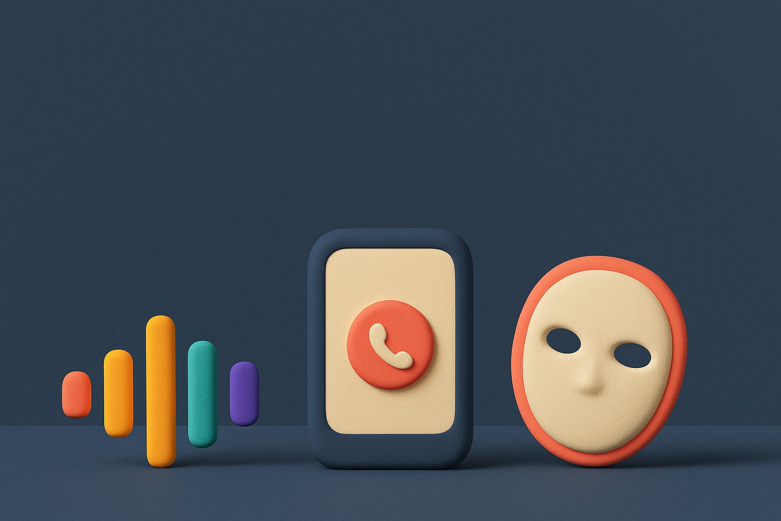 Illustration 3D : smartphone affichant un appel entrant, onde sonore colorée et masque neutre sur fond bleu nuit