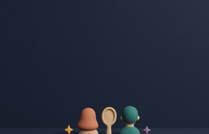 3D clay illustration of two stylized busts with different hairstyles on either side of a mirror