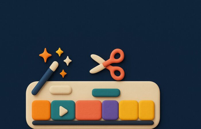 3D illustration of an AI video editing timeline with colorful clips, scissors and a magic wand