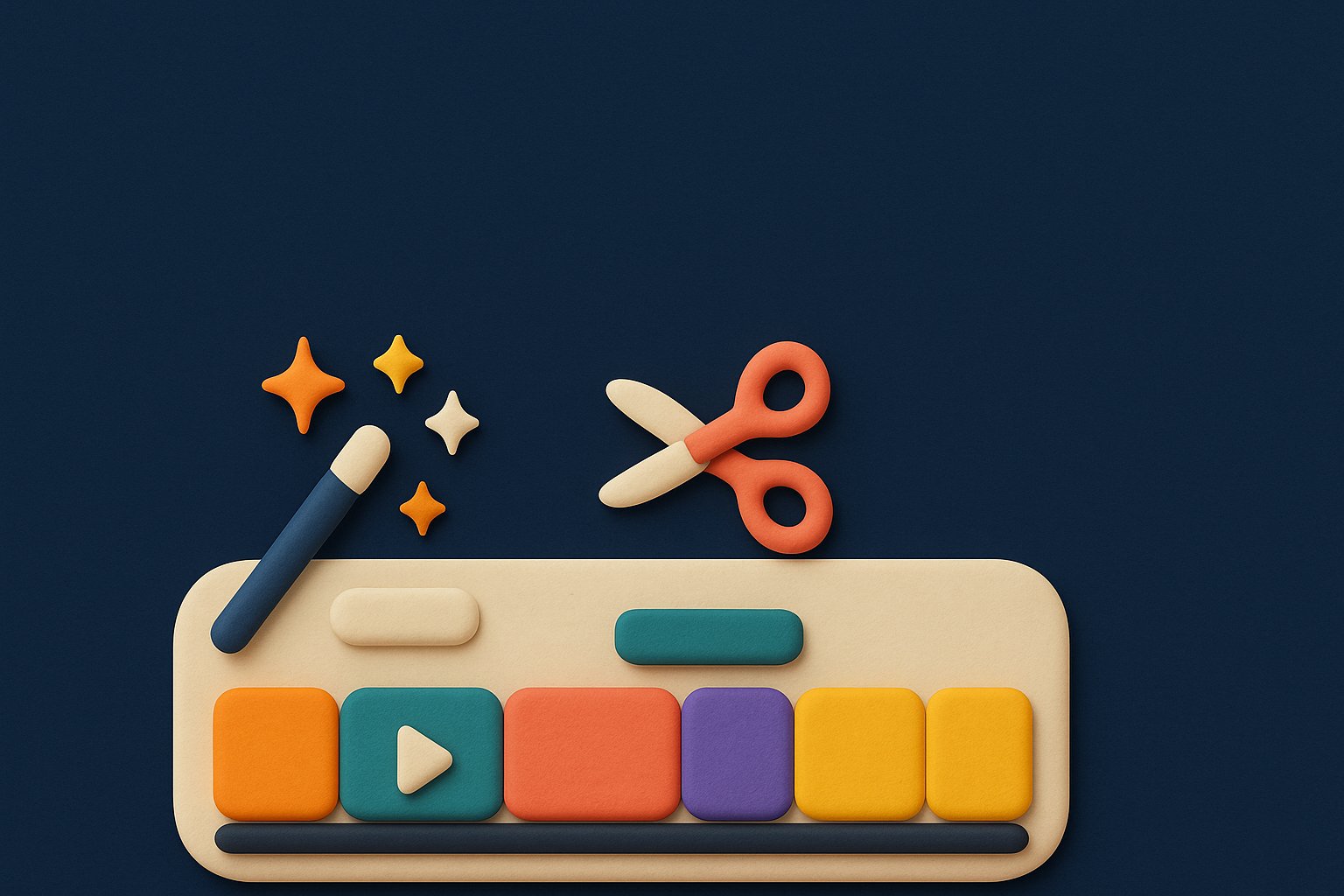 Illustration 3D d'une timeline de montage vidéo IA avec clips colorés, ciseaux et baguette magique
