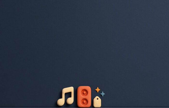 3D clay illustration of a musical note, a speaker and a price tag on a midnight blue background