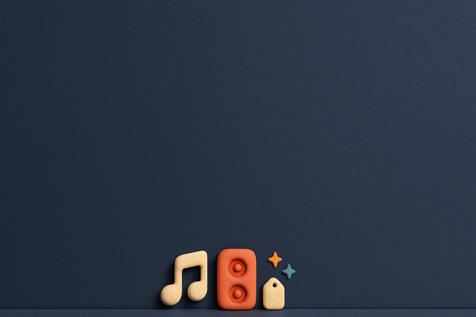 Illustration 3D : une note de musique, une enceinte et une etiquette de prix en pate a modeler sur fond bleu nuit