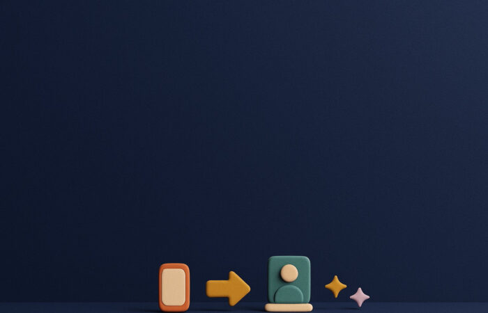 Clay illustration of a phone, an arrow and a portrait frame on a midnight blue background