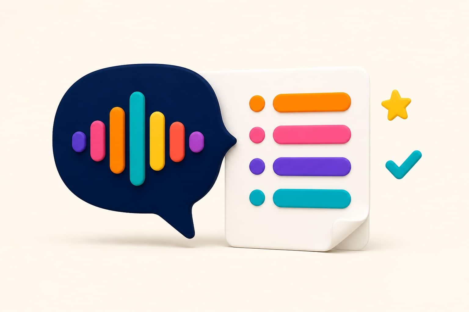 3D illustration: a speech bubble with audio waves becomes a structured bullet list on a sheet of paper