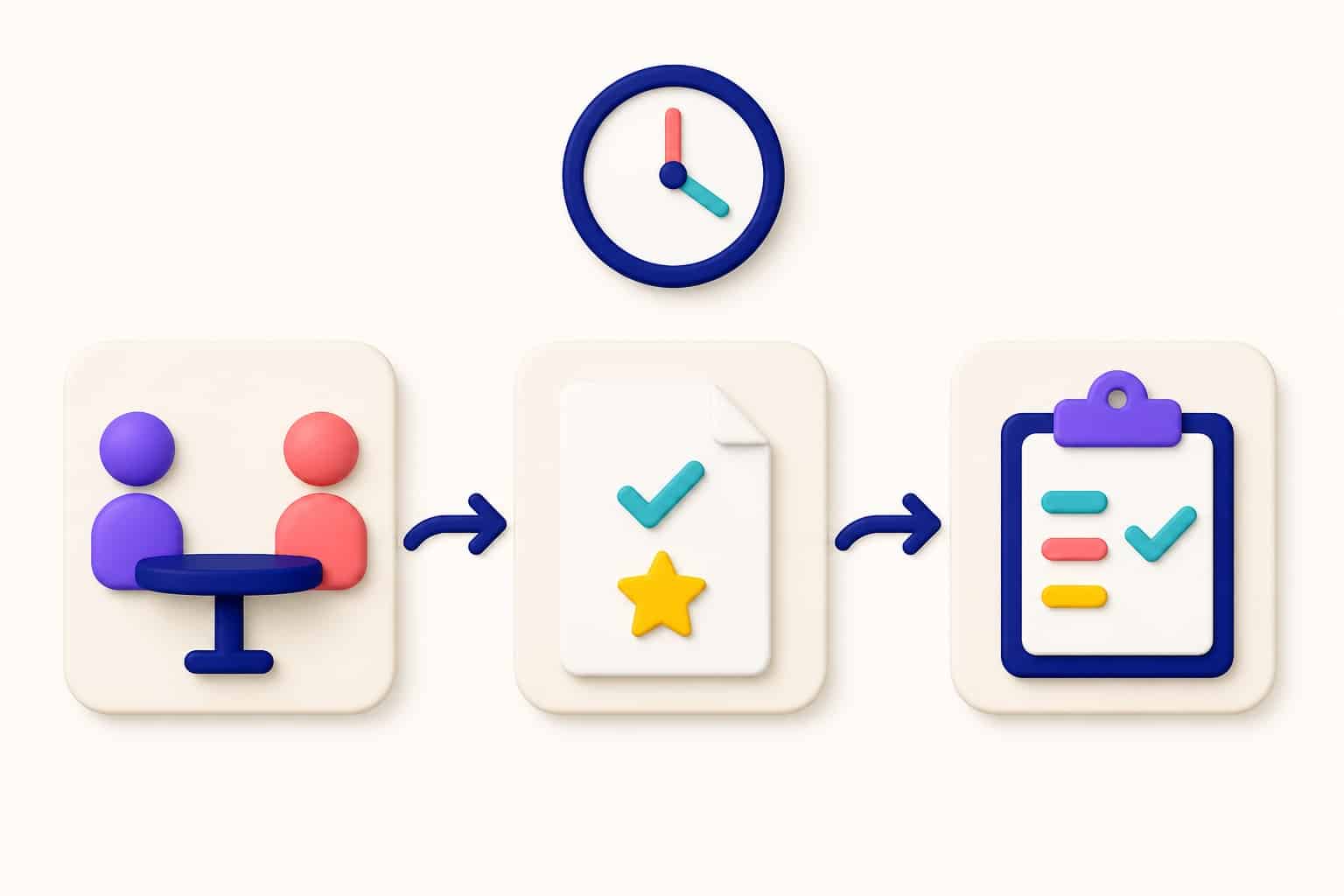 3D illustration: a meeting flow leads to the decisions sheet, then to the checked action list