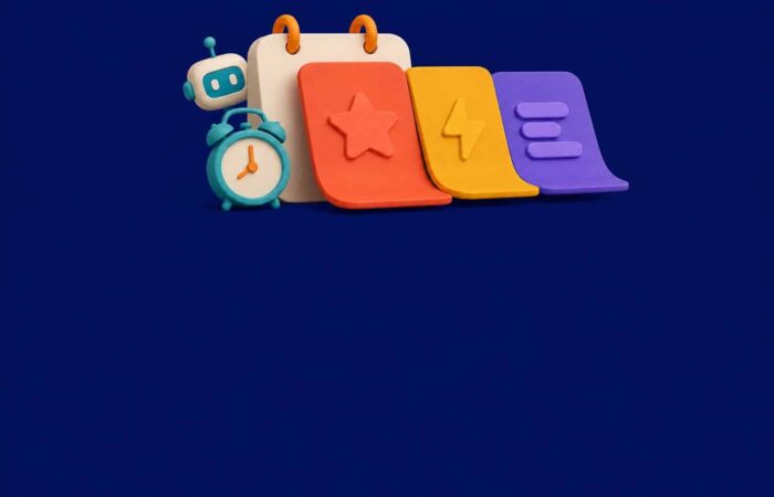 3D illustration: a calendar card with an alarm clock opening into decision, action and summary cards on navy background