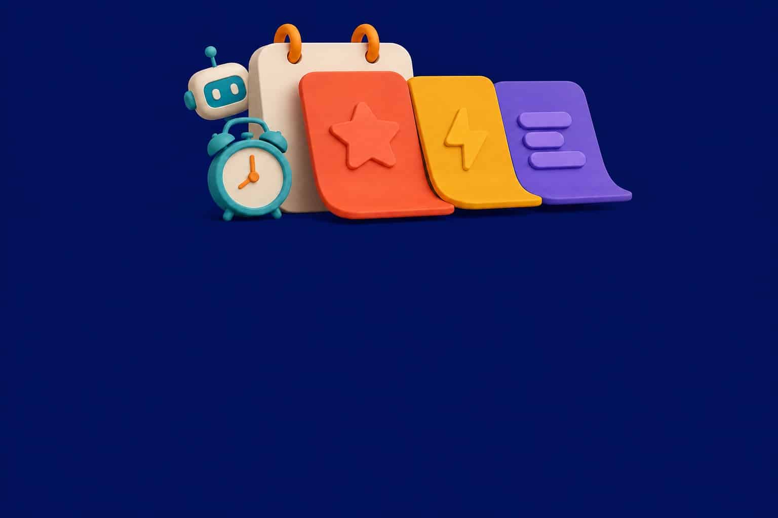 3D illustration: a calendar card with an alarm clock opening into decision, action and summary cards on navy background