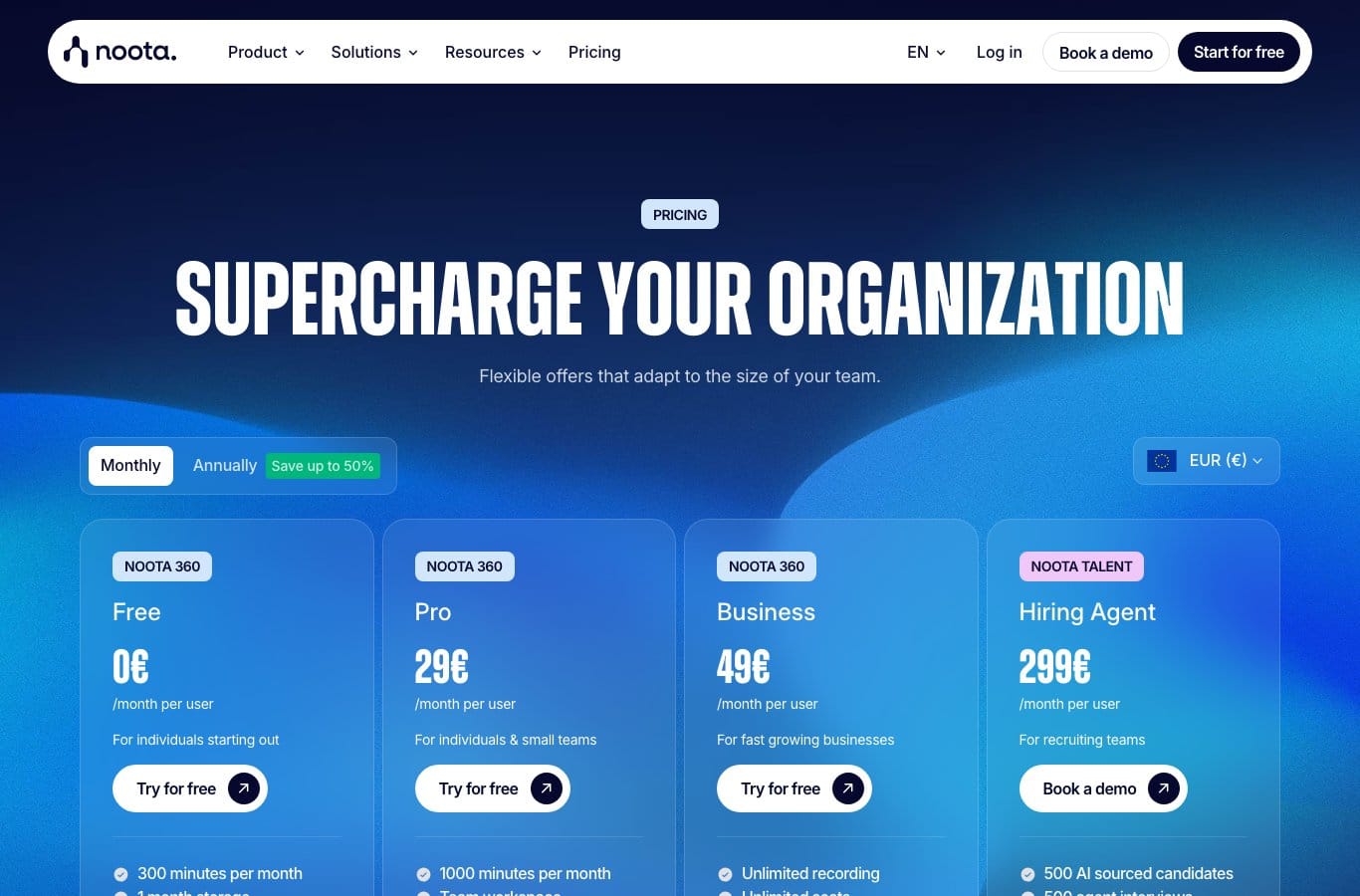 Noota pricing page: free plan at 0 euros with 300 minutes a month