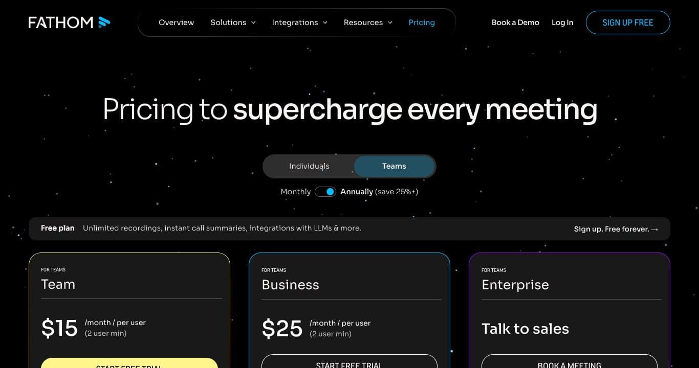Fathom pricing page: free plan with unlimited recordings and instant summaries