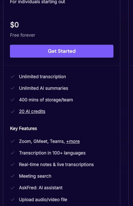 Fireflies free plan card: unlimited transcription, 400 minutes of storage per team and 20 AI credits
