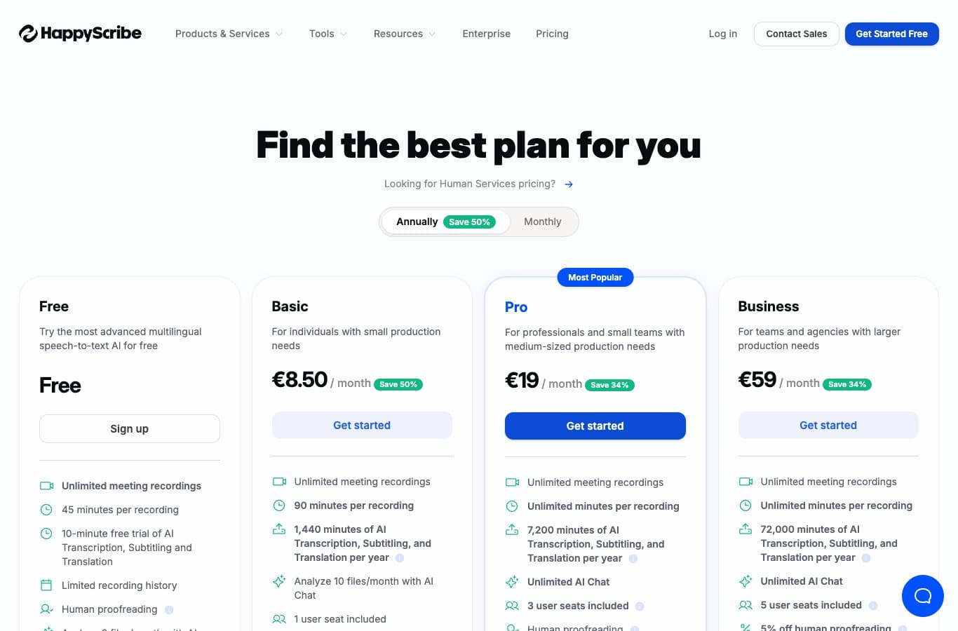 HappyScribe pricing page: free plan with unlimited recordings capped at 45 minutes each