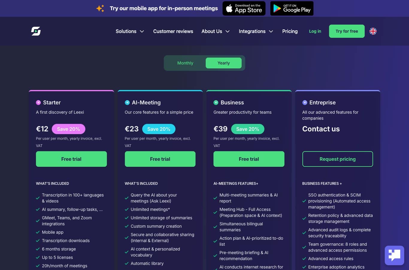 Leexi pricing page: no free offer, three paid tiers with free trial