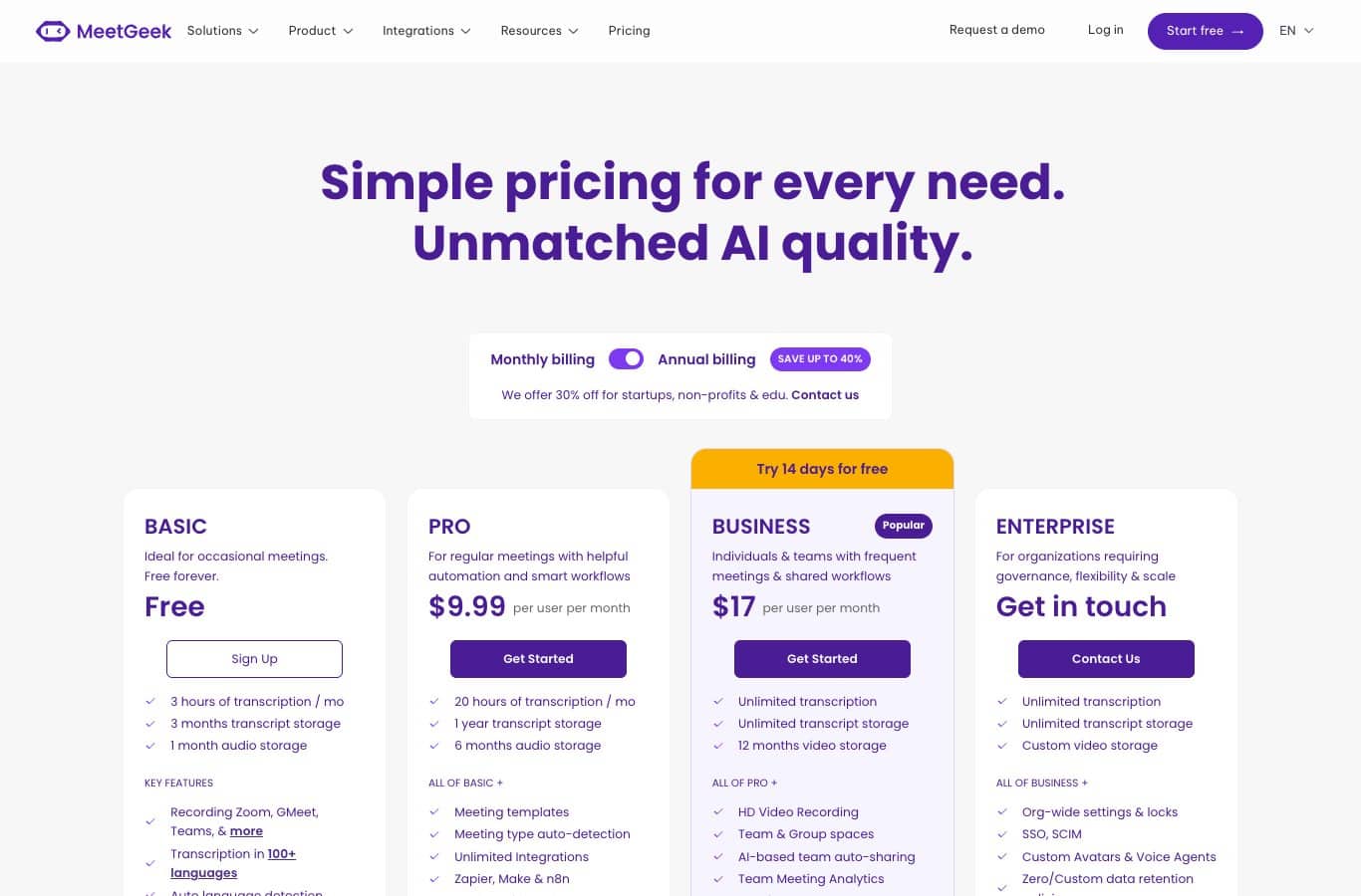 MeetGeek pricing page: free plan with 3 hours of transcription a month