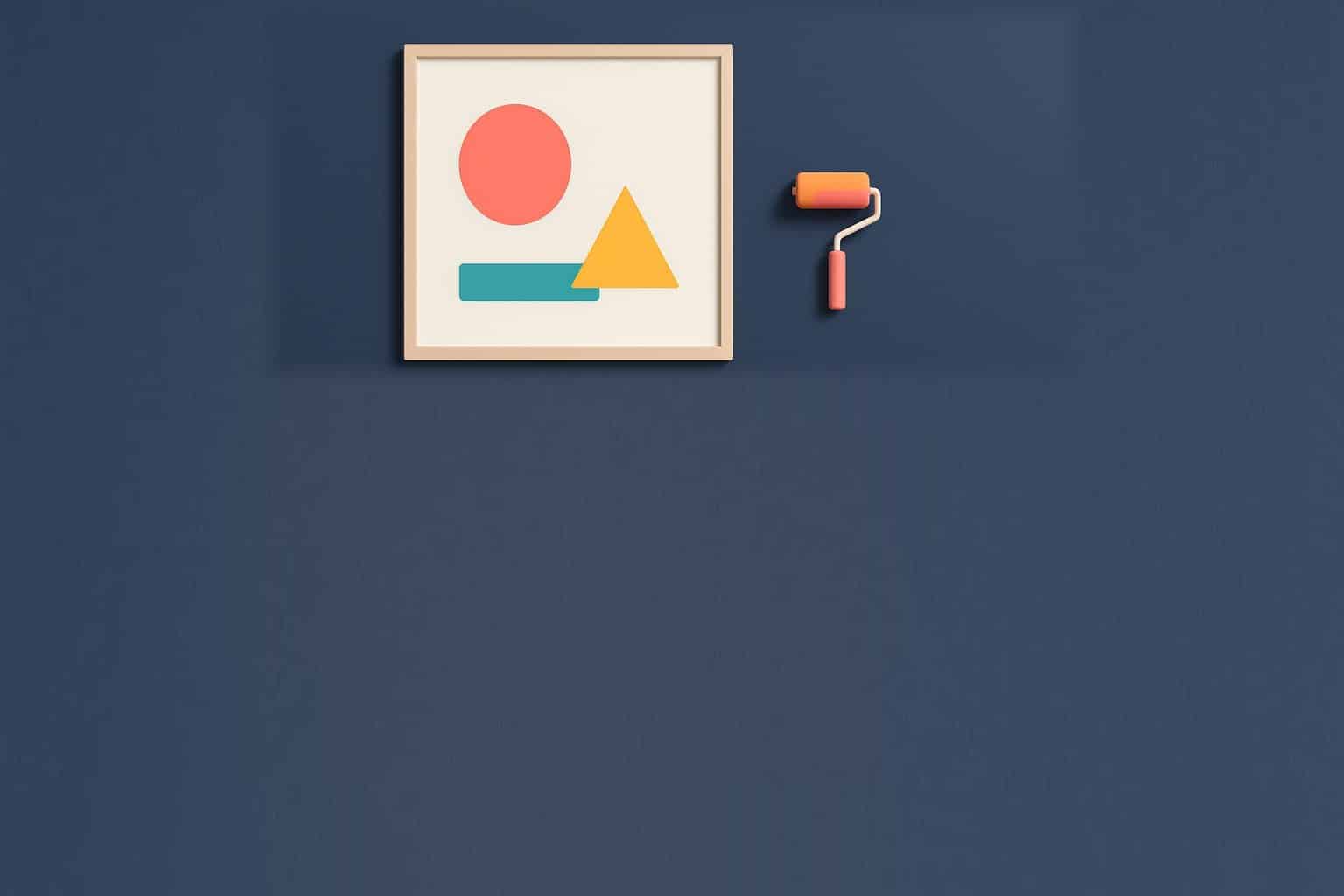 Affiche blanche encadree sur mur navy avec formes colorees, illustration plate