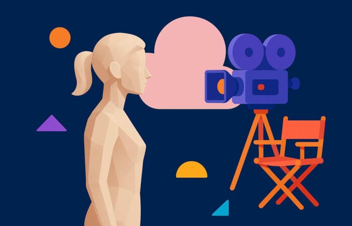 Silhouette of a virtual actress facing a movie camera