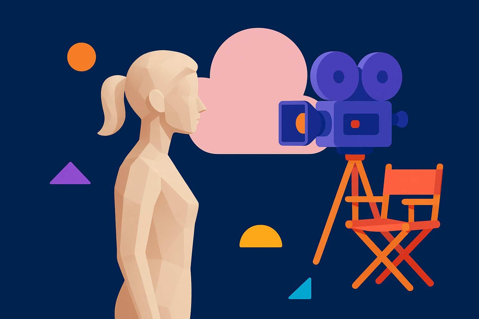 Silhouette of a virtual actress facing a movie camera