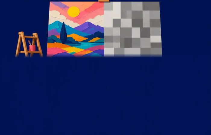 A canvas on an easel divided between colorful handmade painting and generated textures, on a navy blue background