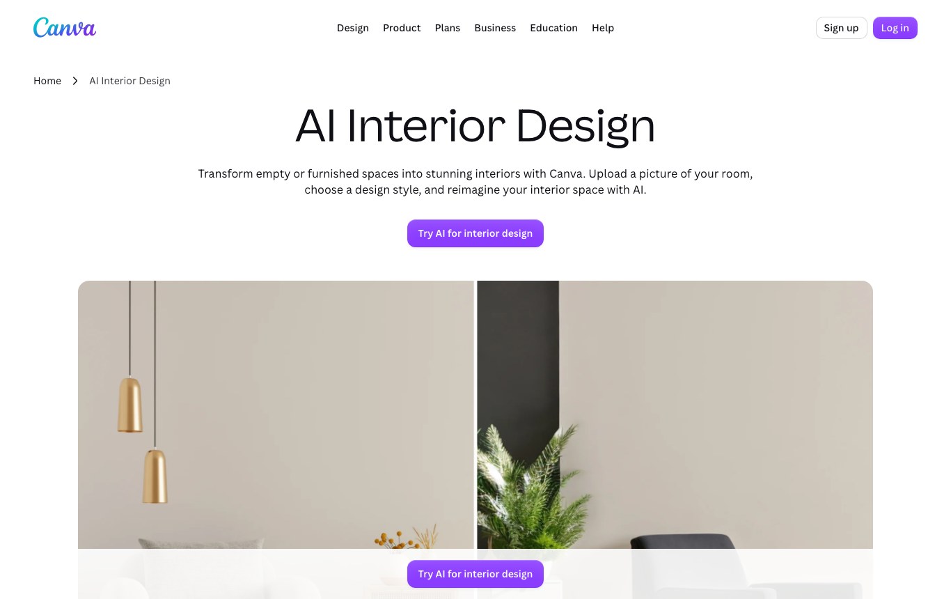 Canva AI interior design page: upload a photo of your room and pick a decorating style