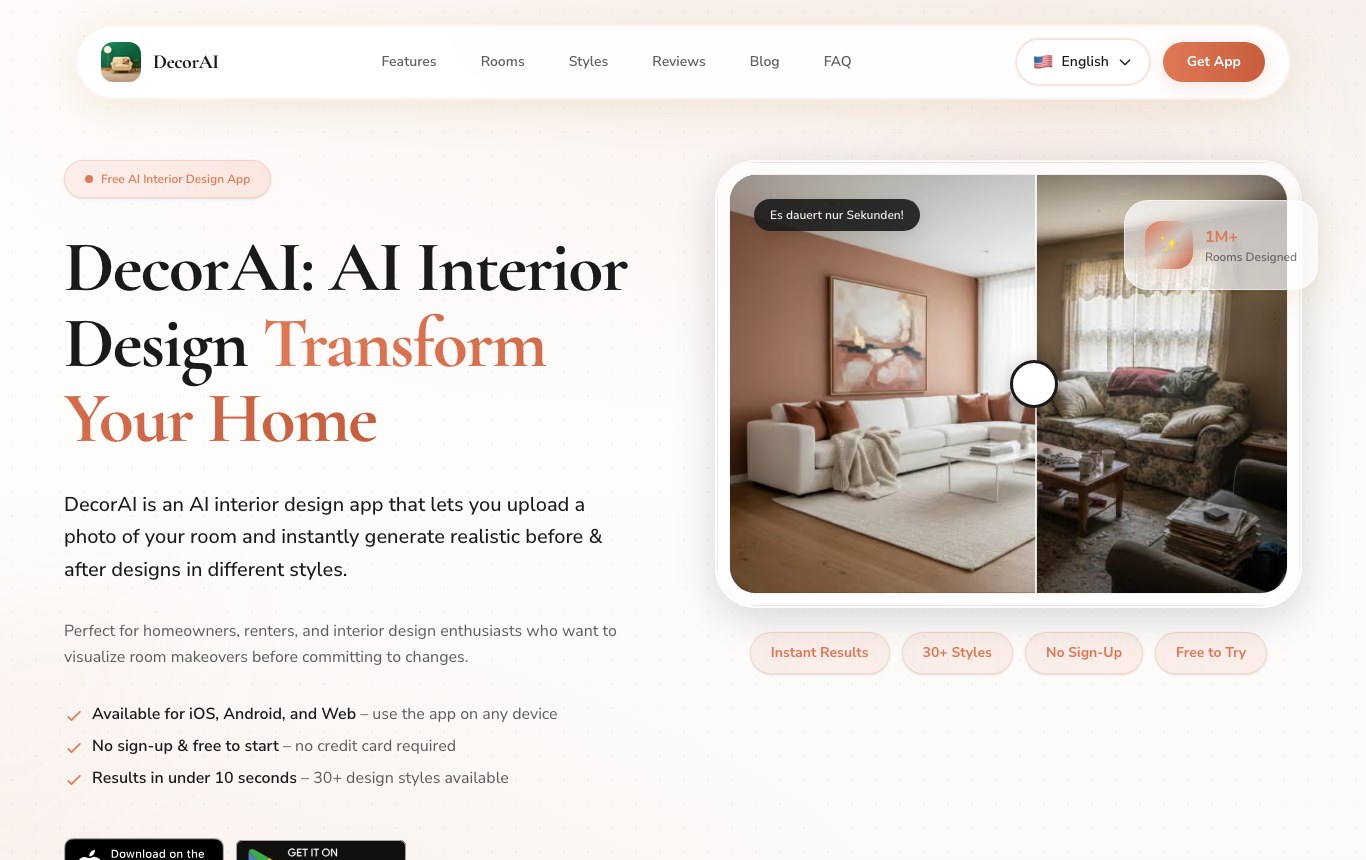 DecorAI homepage: no sign-up and free to try badges, no credit card required, no published quota
