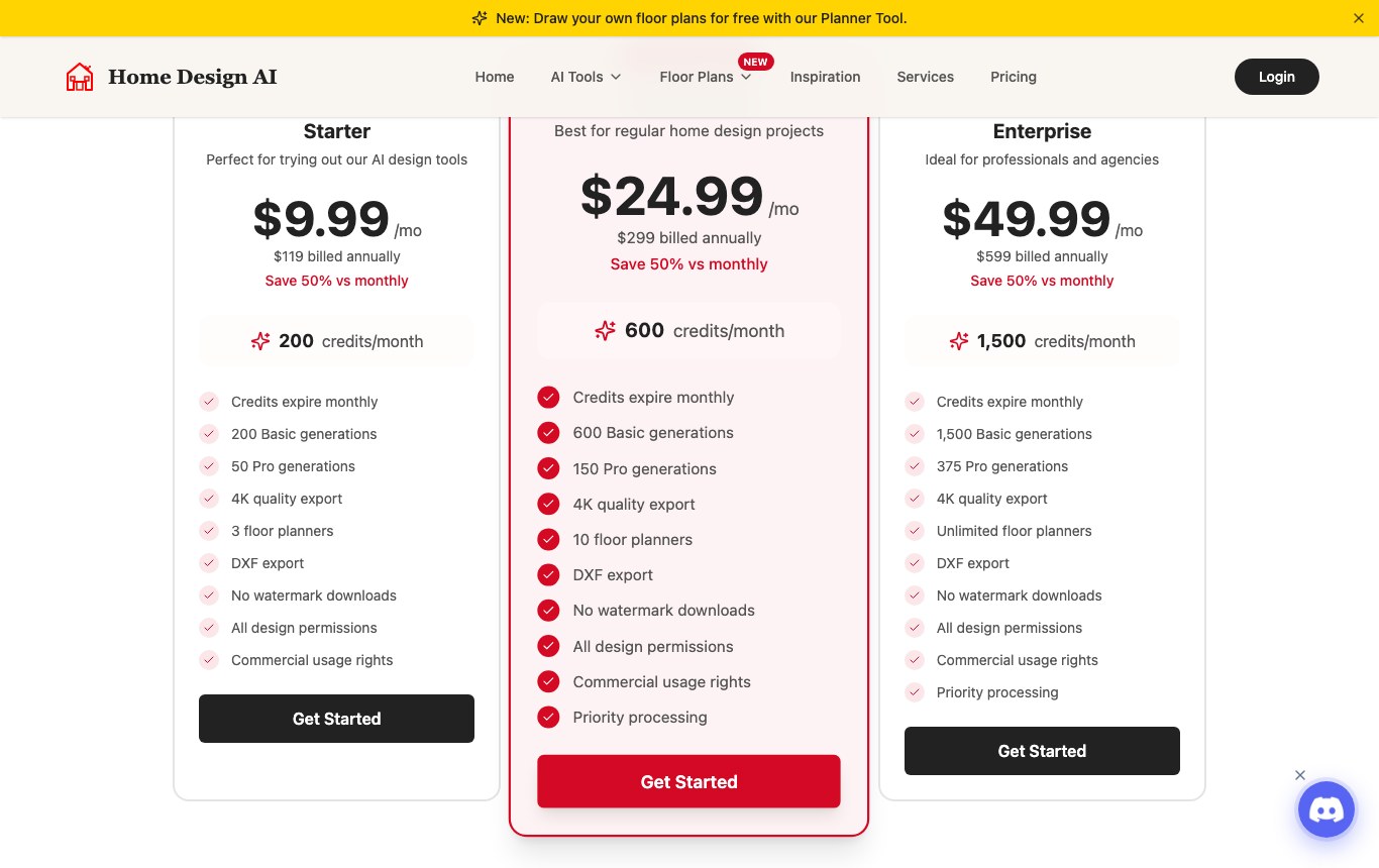 Home Design AI pricing table: three paid plans, no free plan, watermark removal and commercial use reserved for subscribers