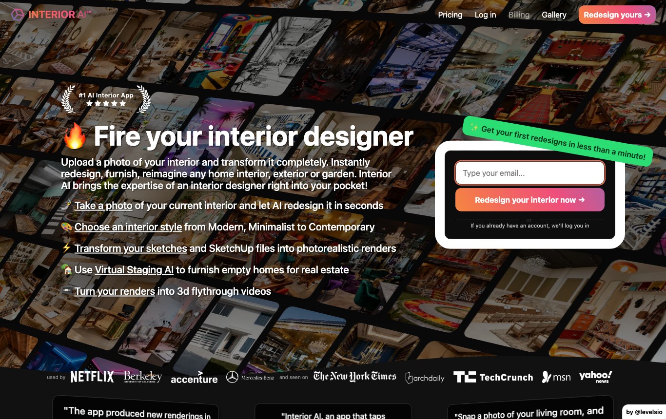 Interior AI homepage: a mandatory email field before you can reach the redesign tool
