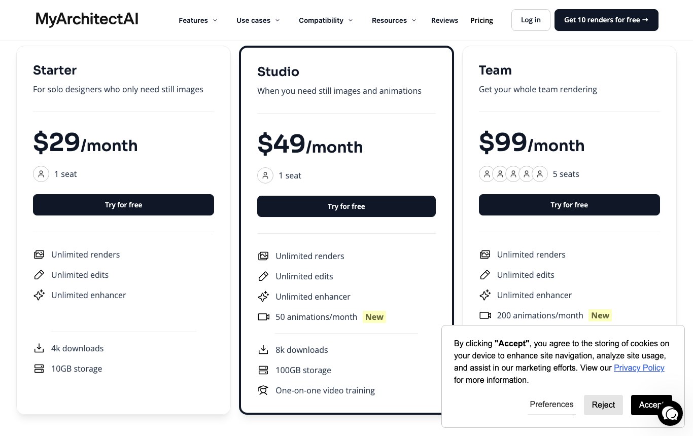 MyArchitectAI pricing page: three subscriptions at 29, 49 and 99 dollars a month with a ten free renders button