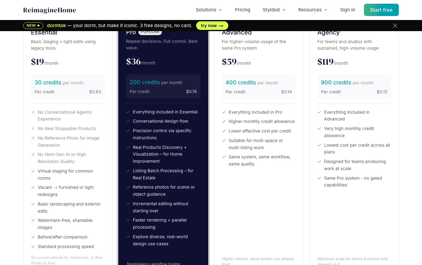 ReimagineHome pricing page: five free designs for new users and plans from 19 dollars a month