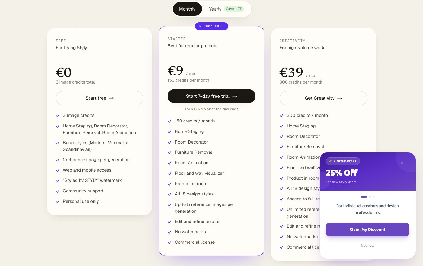 Styly pricing table: the free plan shows 3 image credits total, a watermark and personal use only
